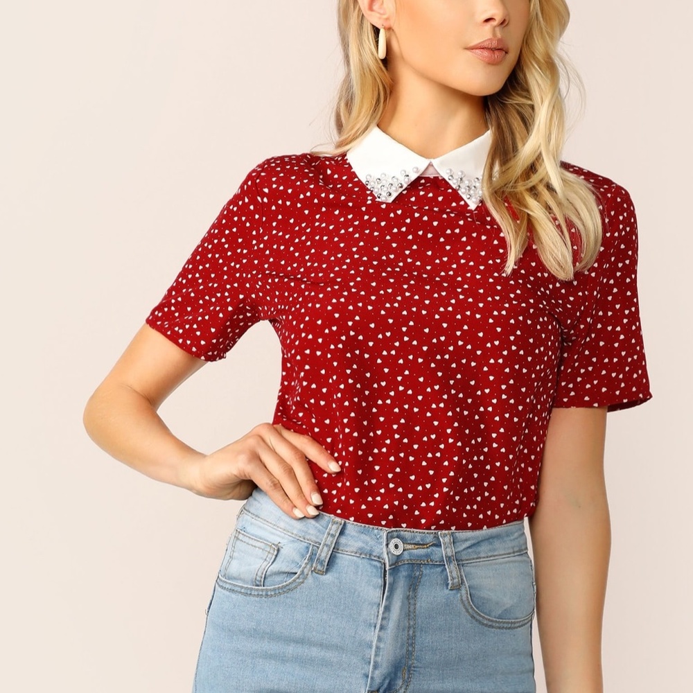 NWOT Shein Top Heart Print with Pearl and Rhinestones on Collar L